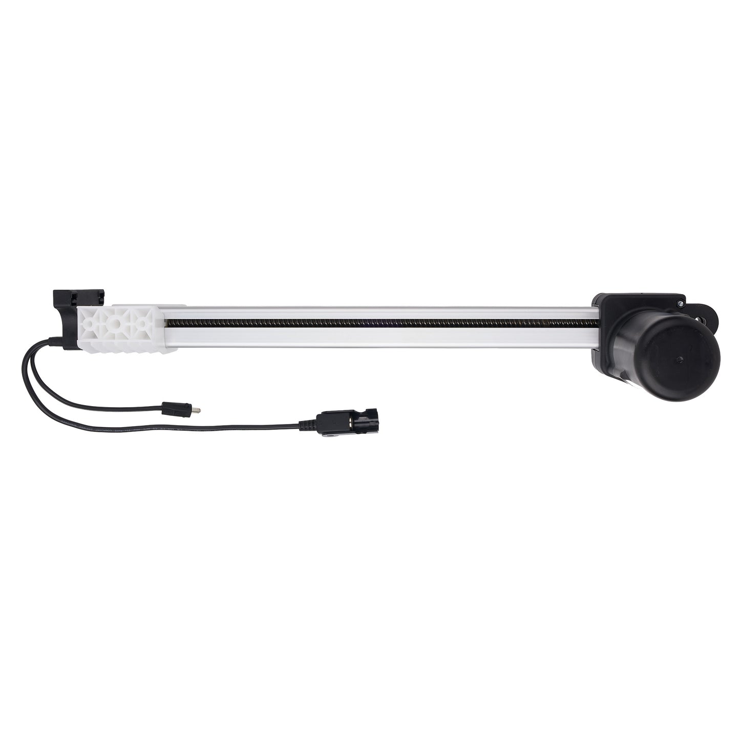 A linear slide rail assembly with a black and silver metal rod, a white textured sleeve, and a black circular end cap, shown on a plain white background with attached black cables.