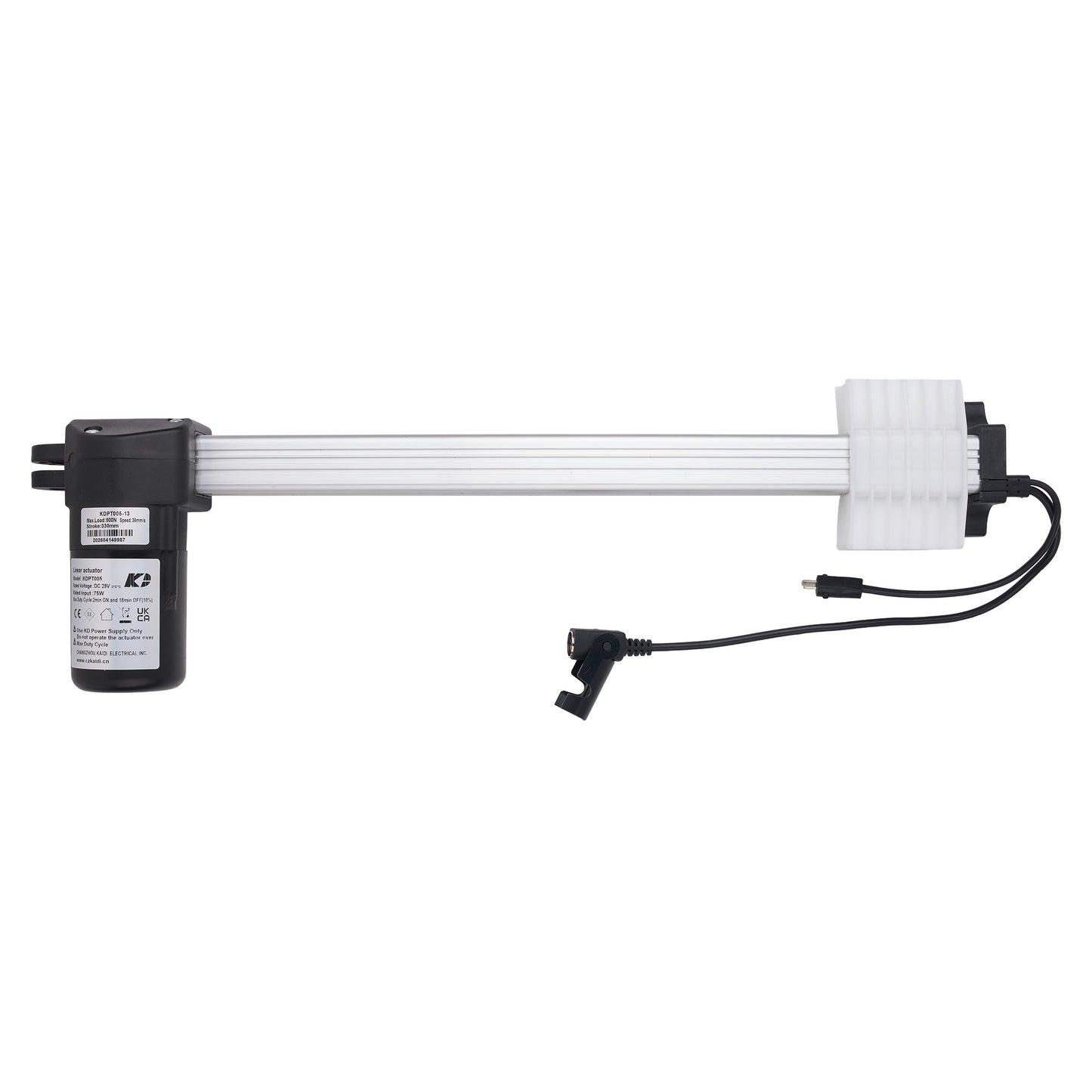 A linear electric actuator motor assembly with a black motor housing, a long white ribbed rod, a white end cap, and a black power cable with a connector, shown on a plain white background.