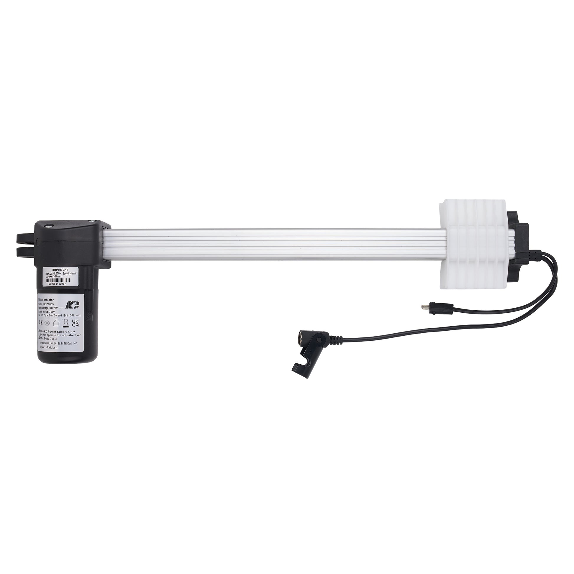 A linear electric actuator motor assembly with a black motor housing, a long white ribbed rod, a white end cap, and a black power cable with a connector, shown on a plain white background.