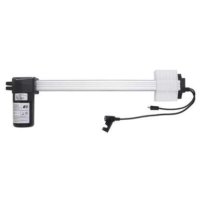 A linear electric actuator motor assembly with a black motor housing, a long white ribbed rod, a white end cap, and a black power cable with a connector, shown on a plain white background.