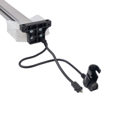 A close-up of an electric linear rail assembly with a black mounting bracket, black power cord, and black connector plug, shown against a plain white background.