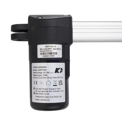A black linear actuator motor with a white product label showing the brand KD and model KDP7005, photographed against a plain white background.