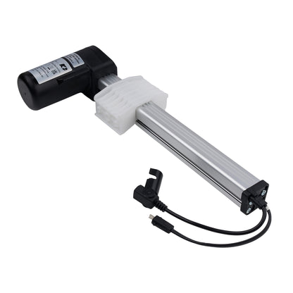 Linear actuator with black housing and white cylindrical component on a white background