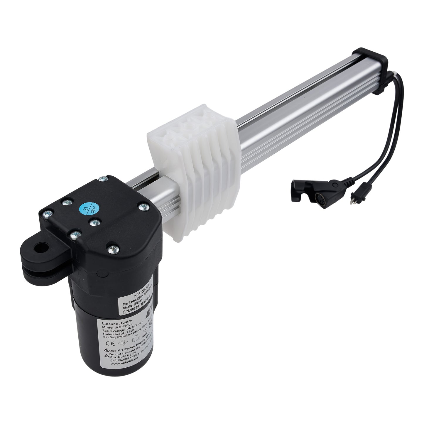 Electric actuator with motor and cable on a white background