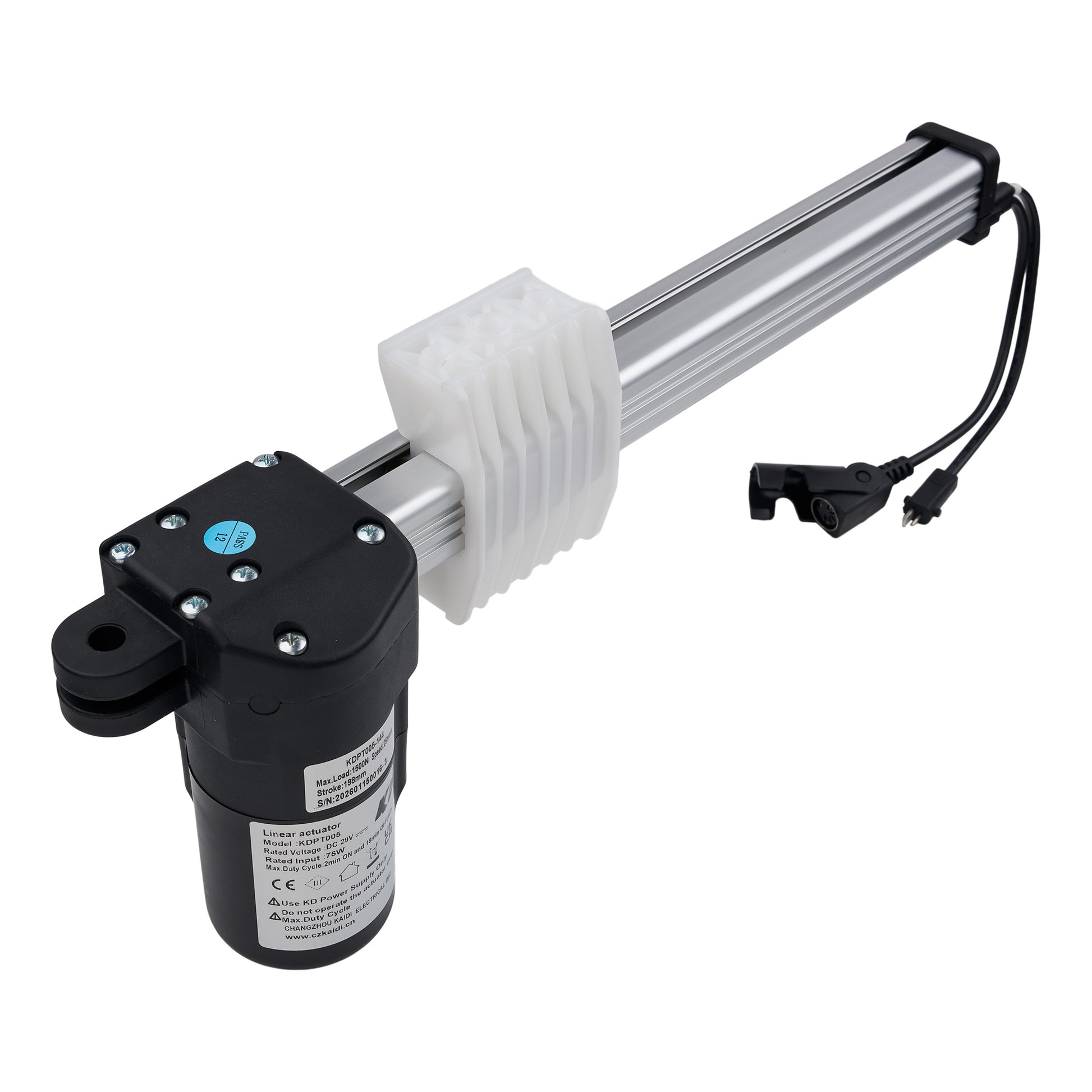 Electric actuator with motor and cable on a white background