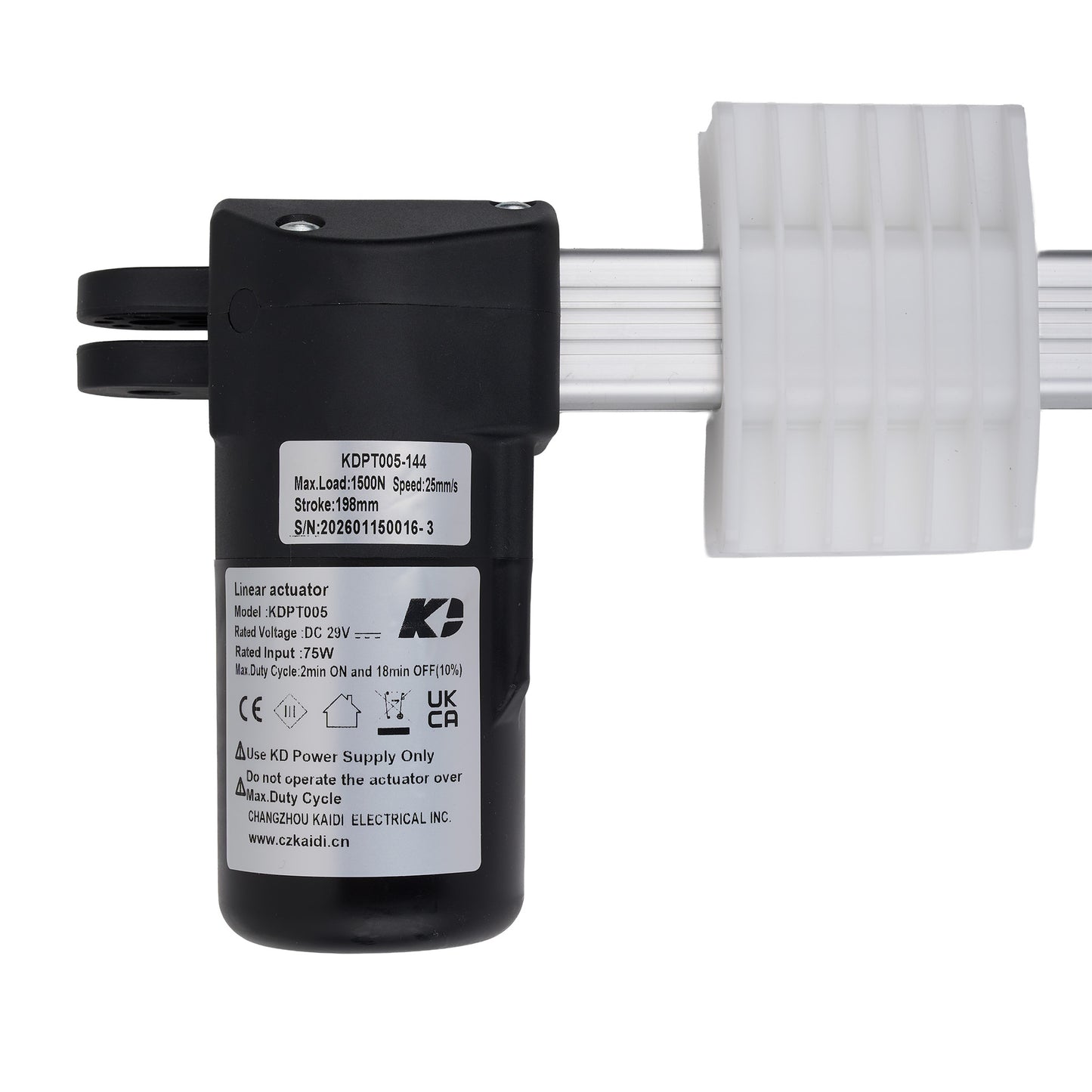Black actuator with white label and white cable on a white background