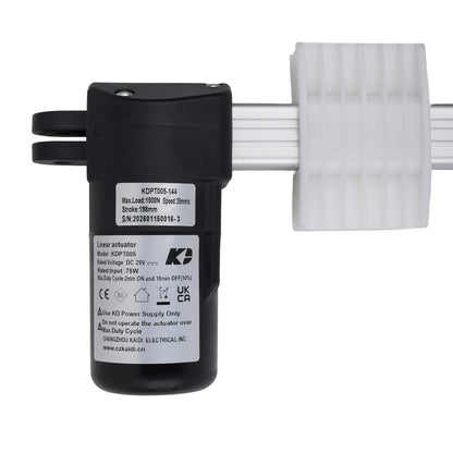 Black actuator with white label and white cable on a white background
