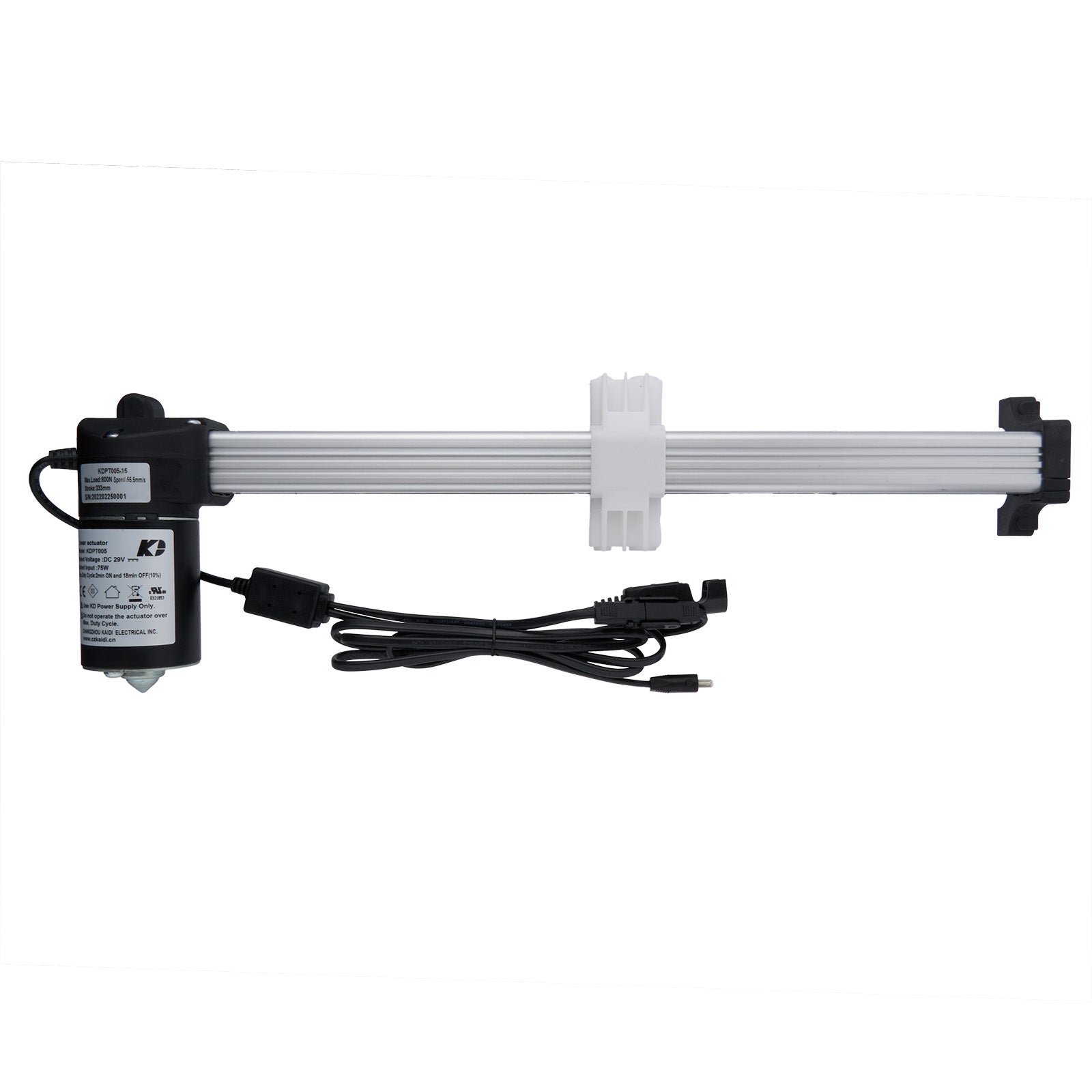 A KAIDI KDPT005-15 linear actuator, with a white motor housing, a silver shaft, and attached electrical cables.