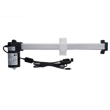A KAIDI KDPT005-15 linear actuator, with a white motor housing, a silver shaft, and attached electrical cables.