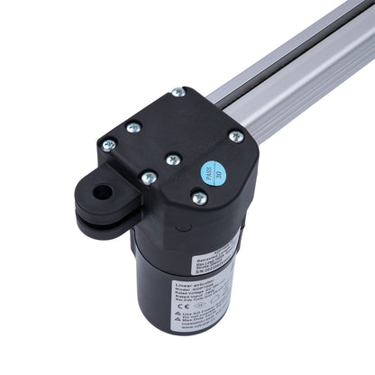 Black linear actuator with visible branding on a white background