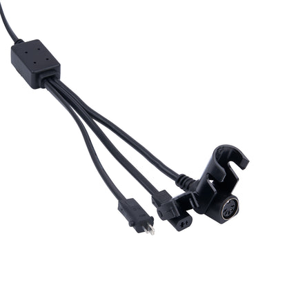 Black electronic cable with connectors on a white background
