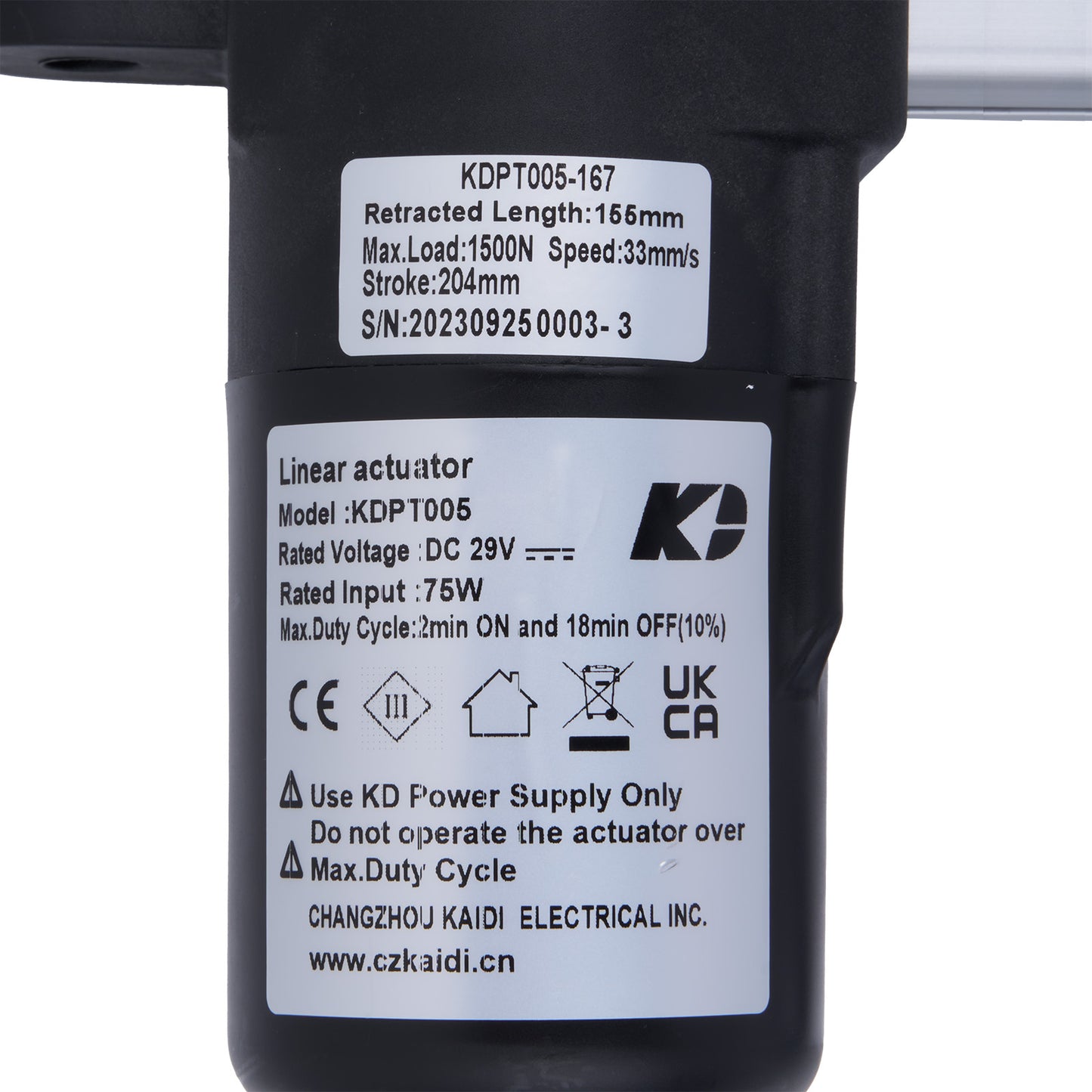 Linear actuator with specifications and branding on a white background