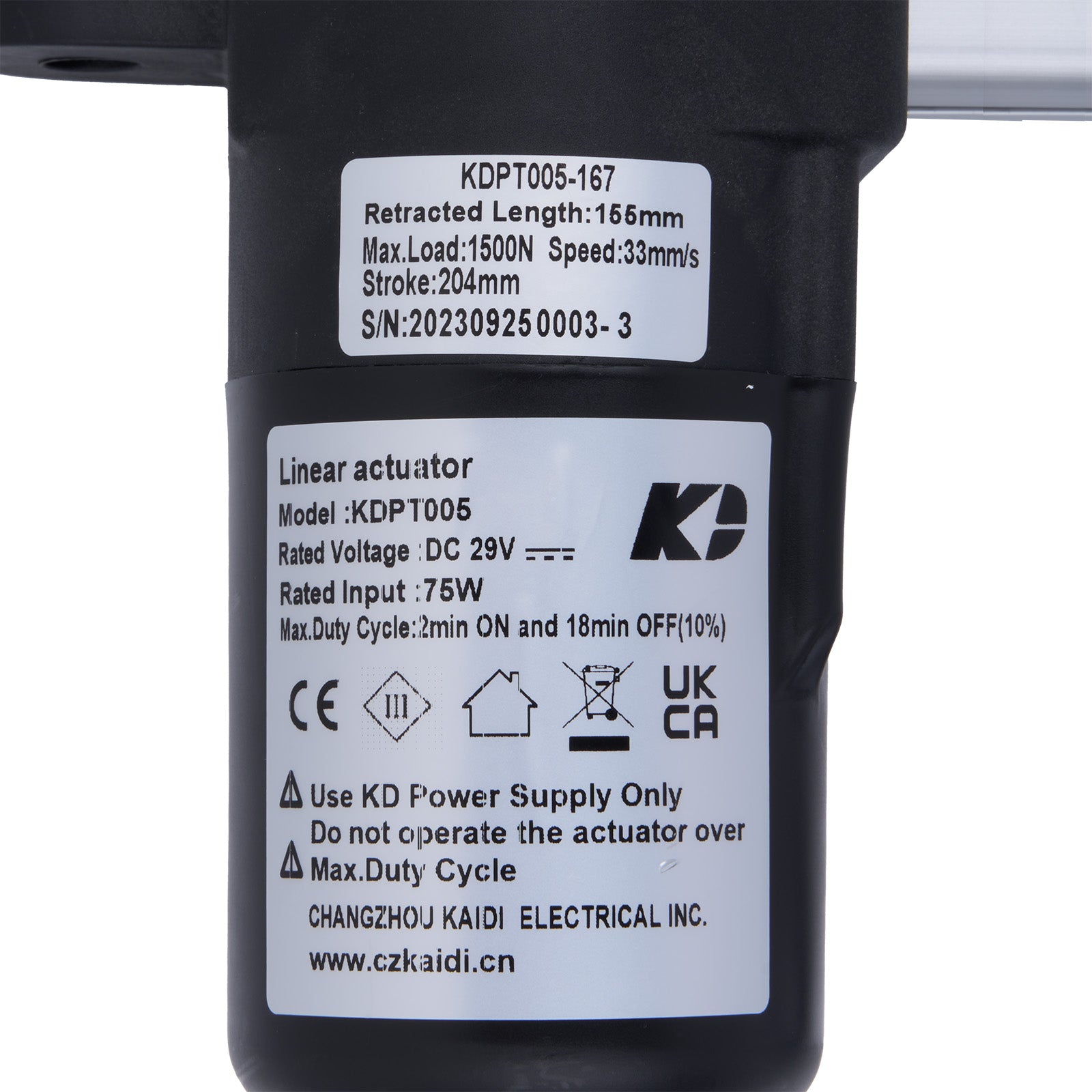 Linear actuator with specifications and branding on a white background