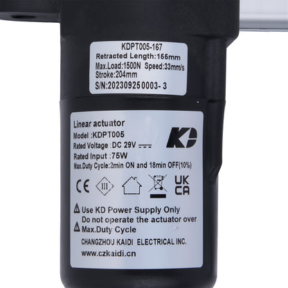 Linear actuator with specifications and branding on a white background