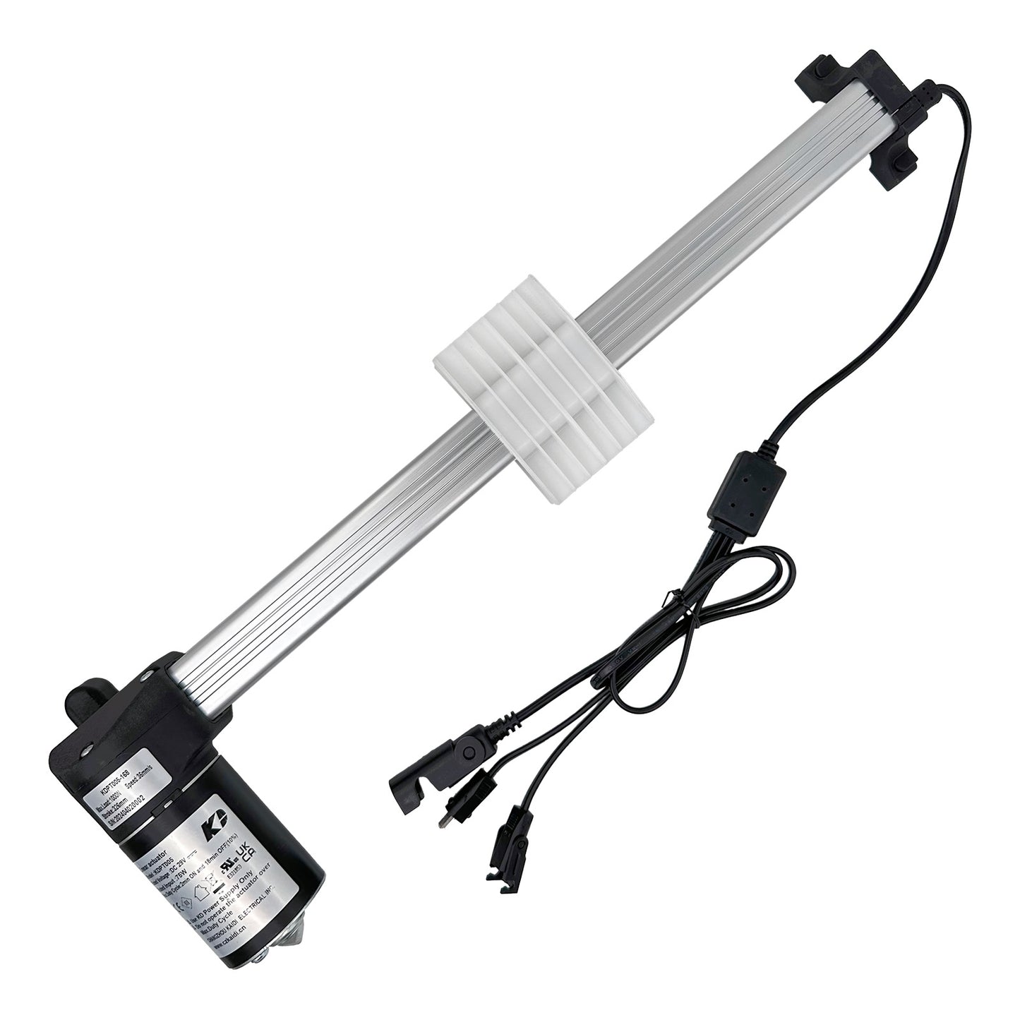 A linear actuator consisting of a metal cylinder, electrical wiring, and a black motor, intended for use in recliner or lift chairs.