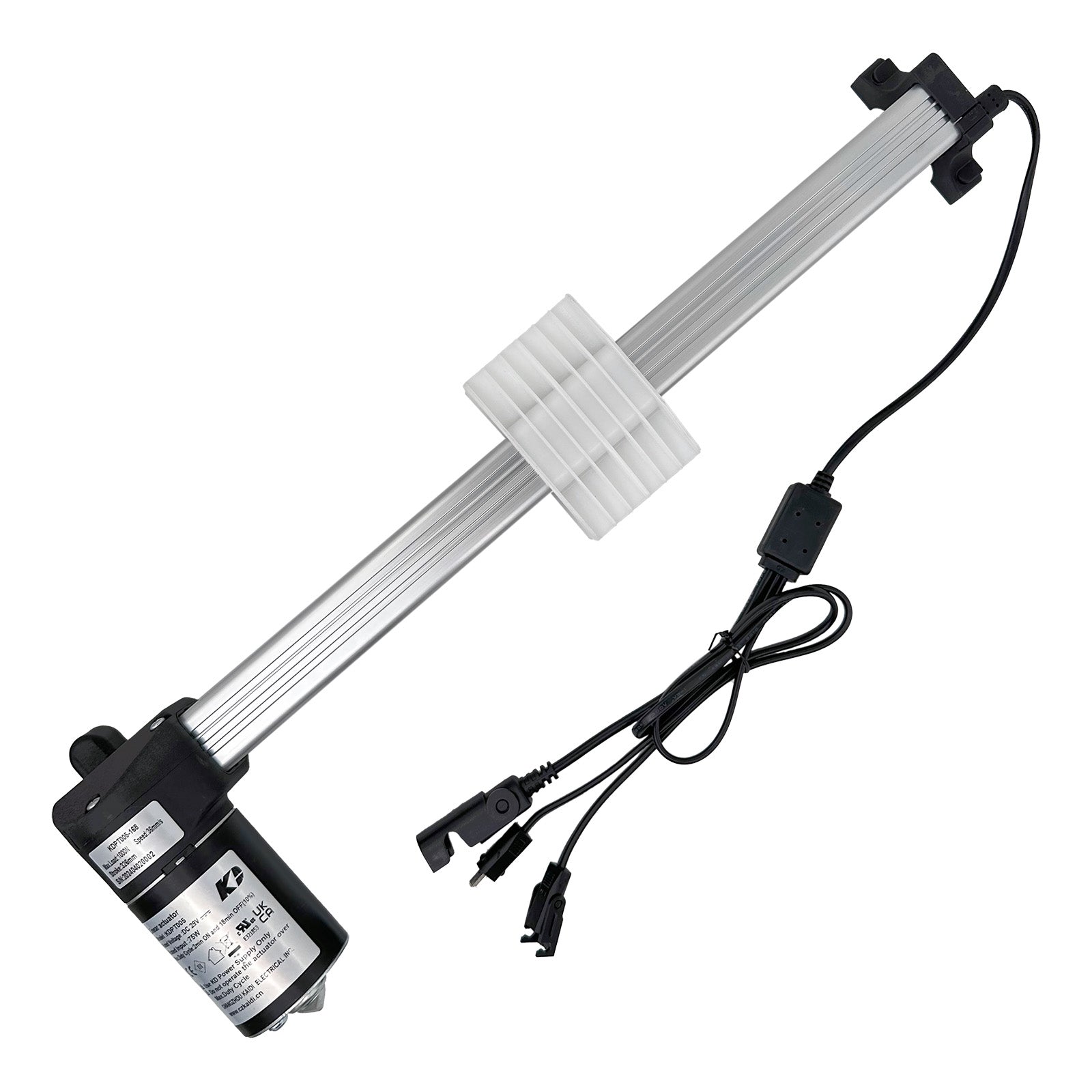 A linear actuator consisting of a metal cylinder, electrical wiring, and a black motor, intended for use in recliner or lift chairs.
