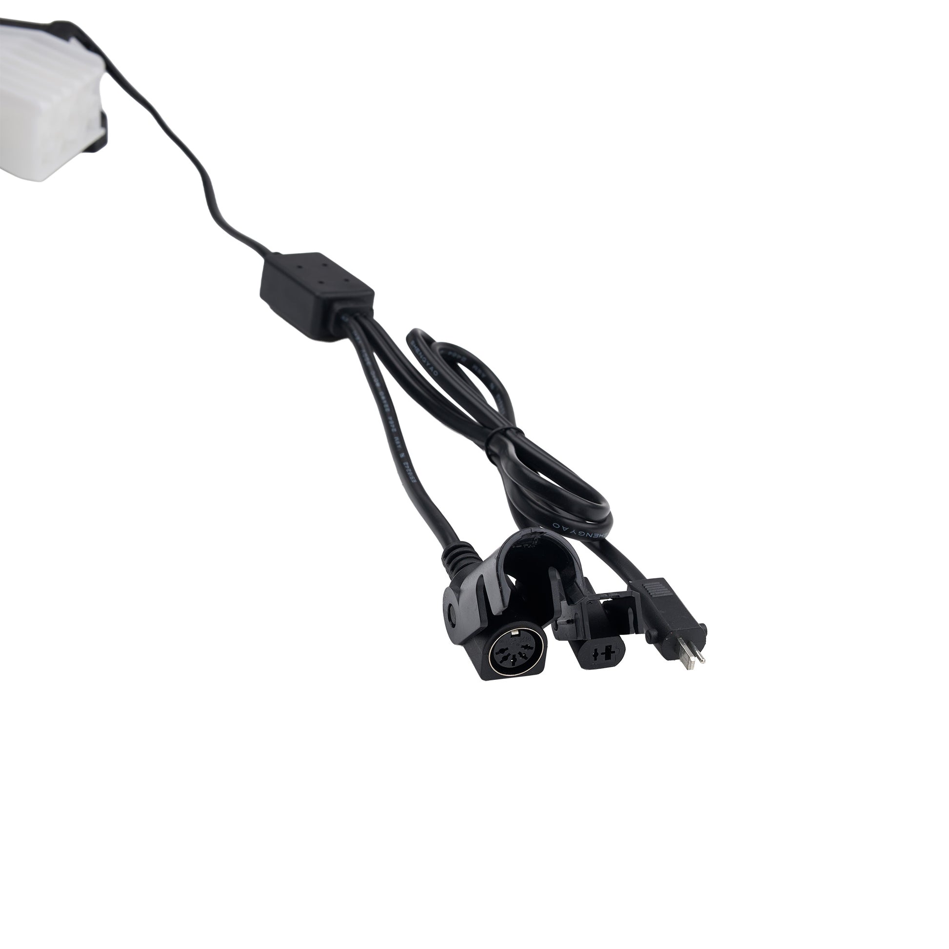 Black electrical cord with connectors on a white background