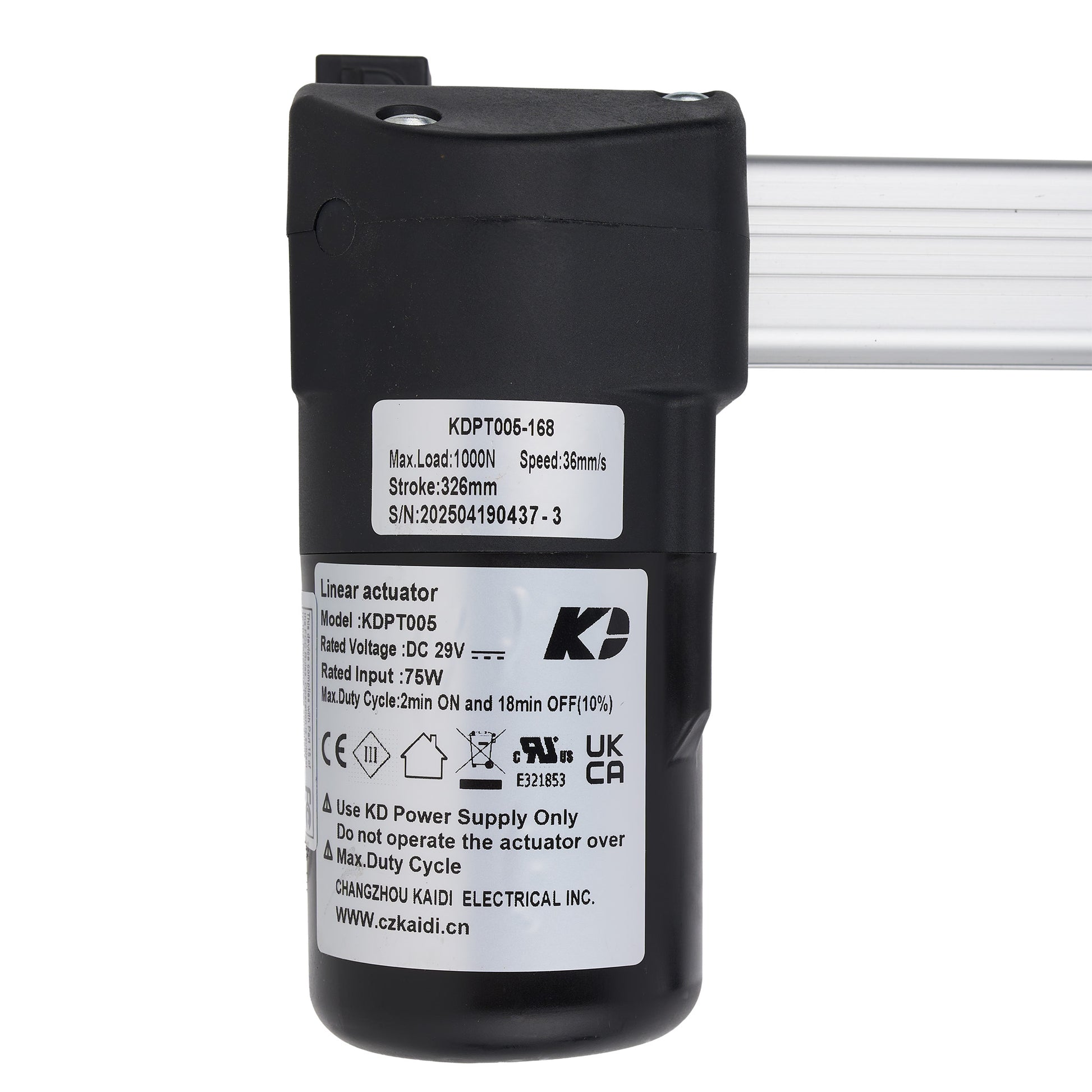 Black linear actuator with label on a white background
