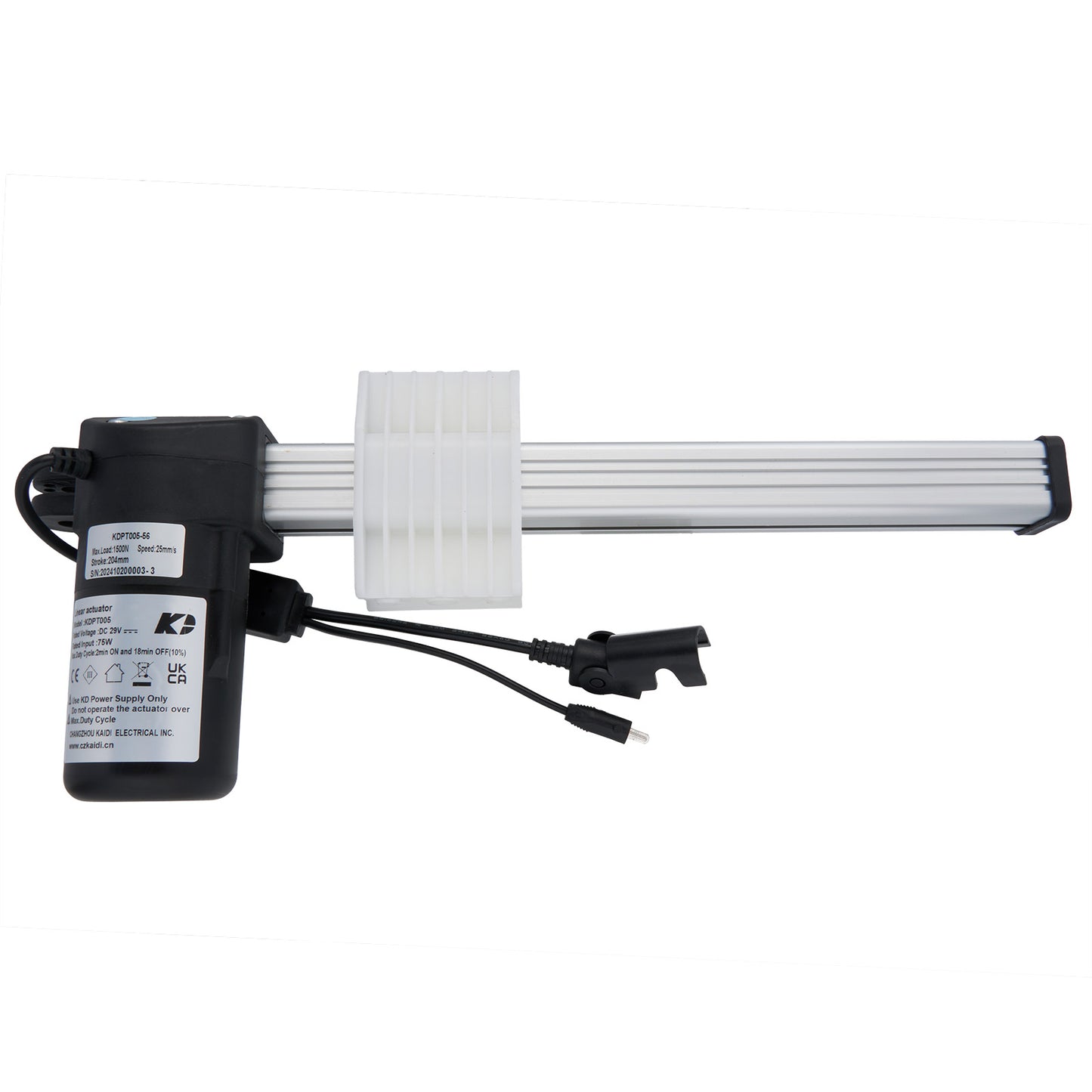 A linear actuator consisting of a metal rod, DC power adapter, and cables, typically used for recliner or lift chair functions.