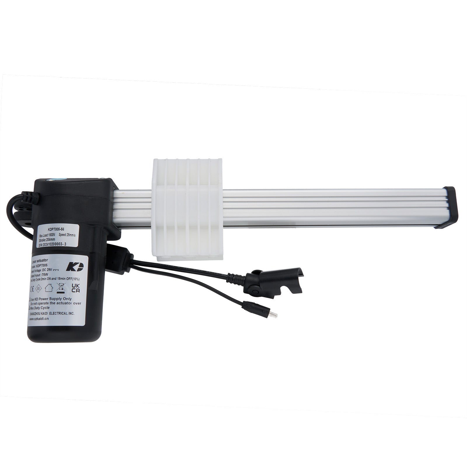 A linear actuator consisting of a metal rod, DC power adapter, and cables, typically used for recliner or lift chair functions.