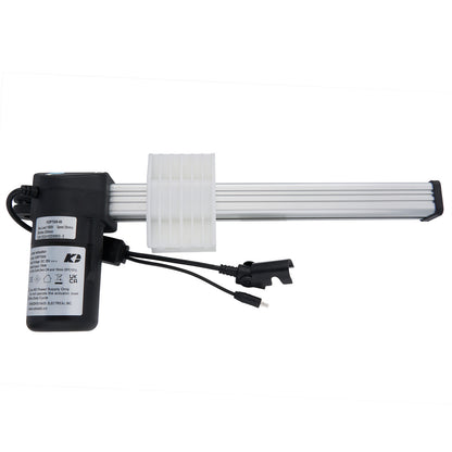 A linear actuator consisting of a metal rod, DC power adapter, and cables, typically used for recliner or lift chair functions.