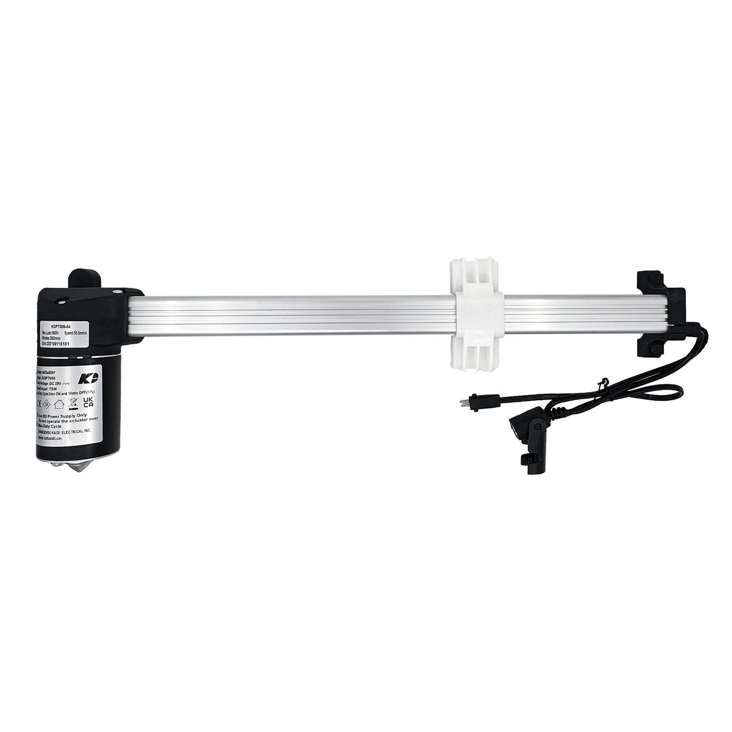 A KAIDI KDPT005-84 linear actuator, consisting of a black motor unit connected to a silver shaft and housing, with a white connector and two cables.
