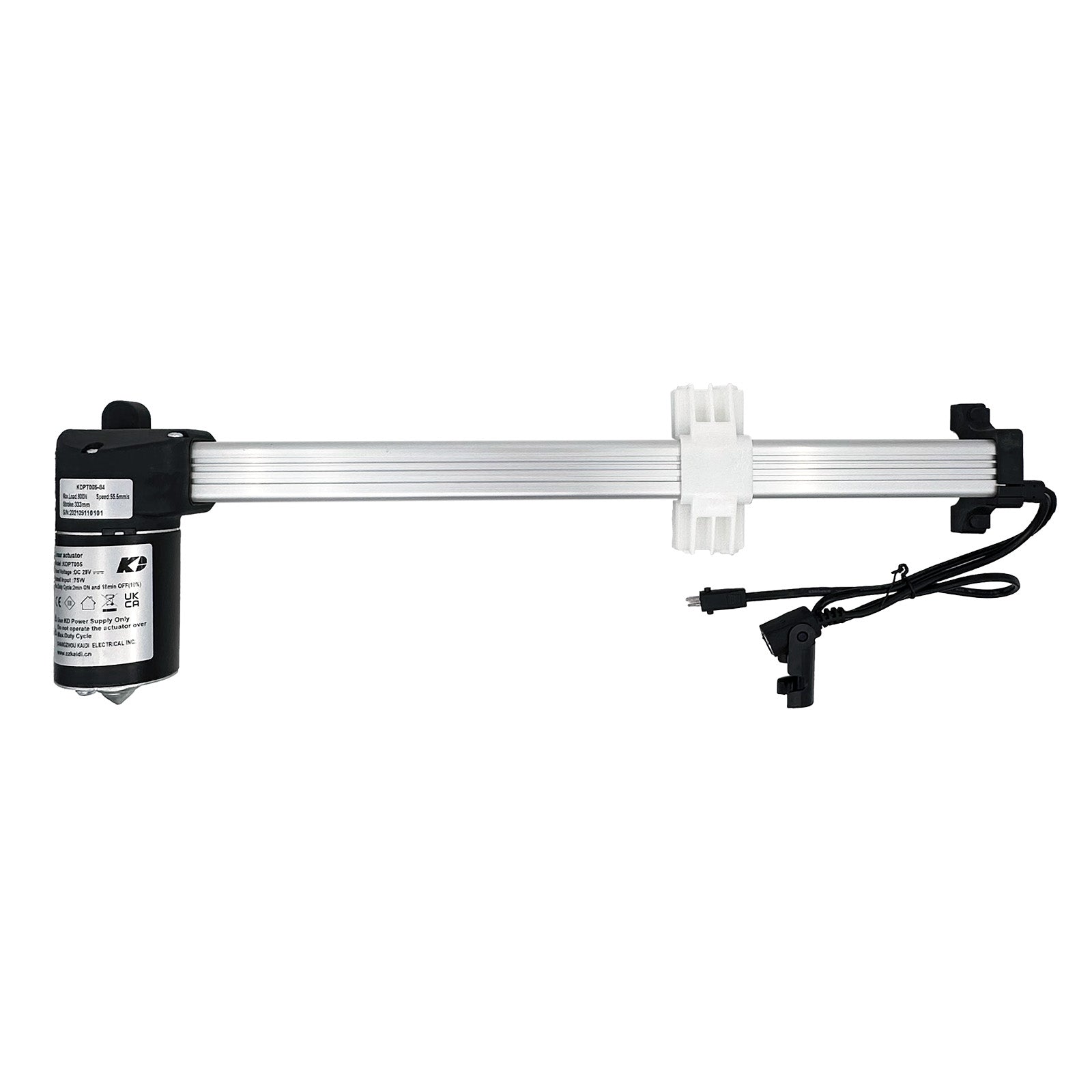 A KAIDI KDPT005-84 linear actuator, consisting of a black motor unit connected to a silver shaft and housing, with a white connector and two cables.