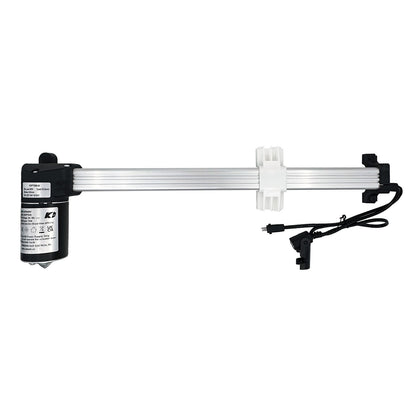 A KAIDI KDPT005-84 linear actuator, consisting of a black motor unit connected to a silver shaft and housing, with a white connector and two cables.
