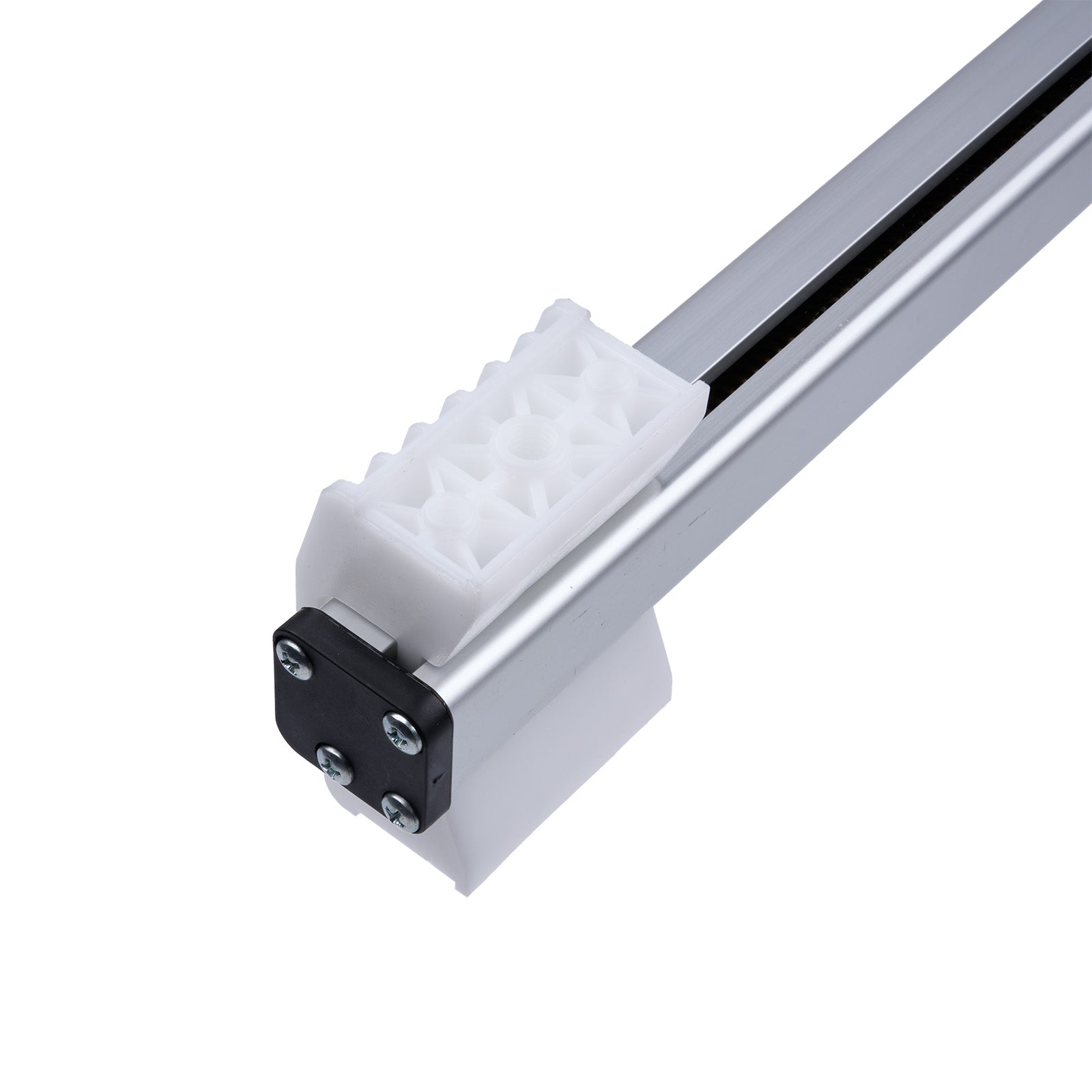 Metallic rod with a white plastic component on a white background