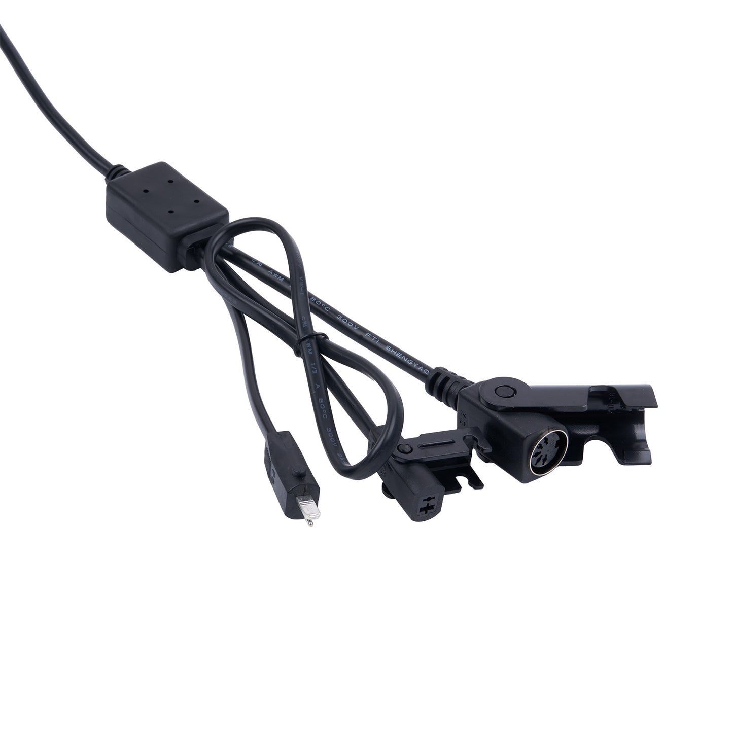 Black electrical cable with various connectors on a white background