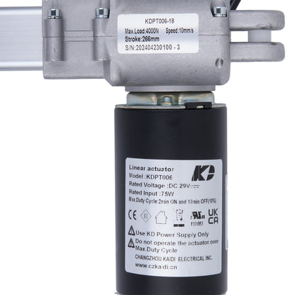 Linear actuator with technical specifications on a white background