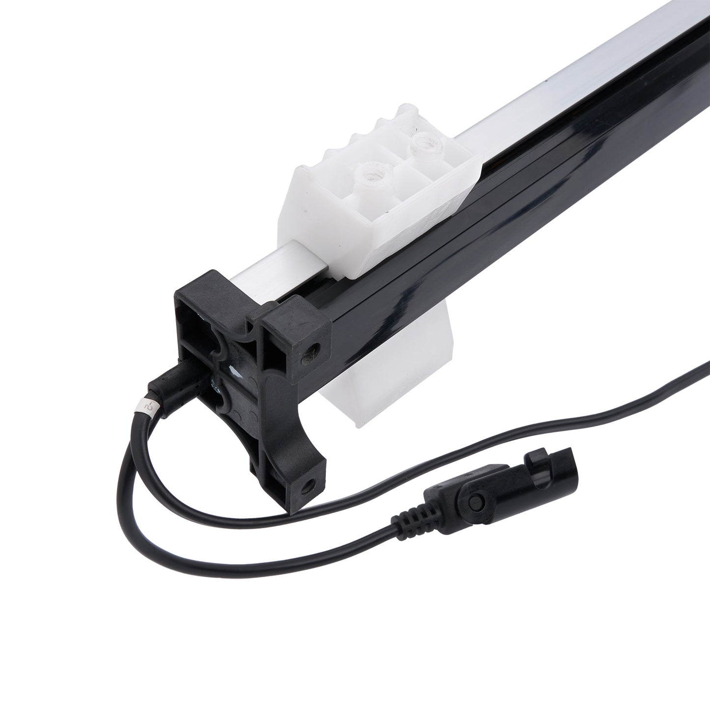 Black and white mechanical component with a cable on a white background
