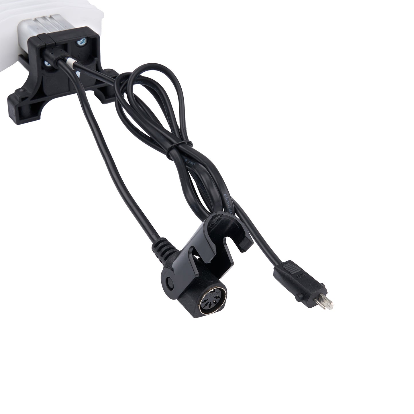 Black electronic cable with connectors on a white background