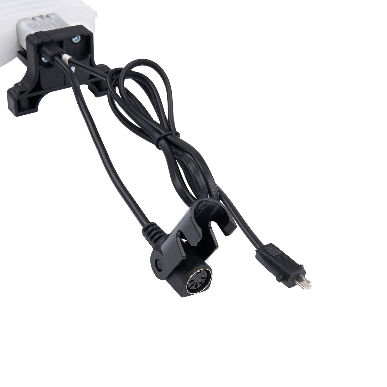 Black electronic cable with connectors on a white background