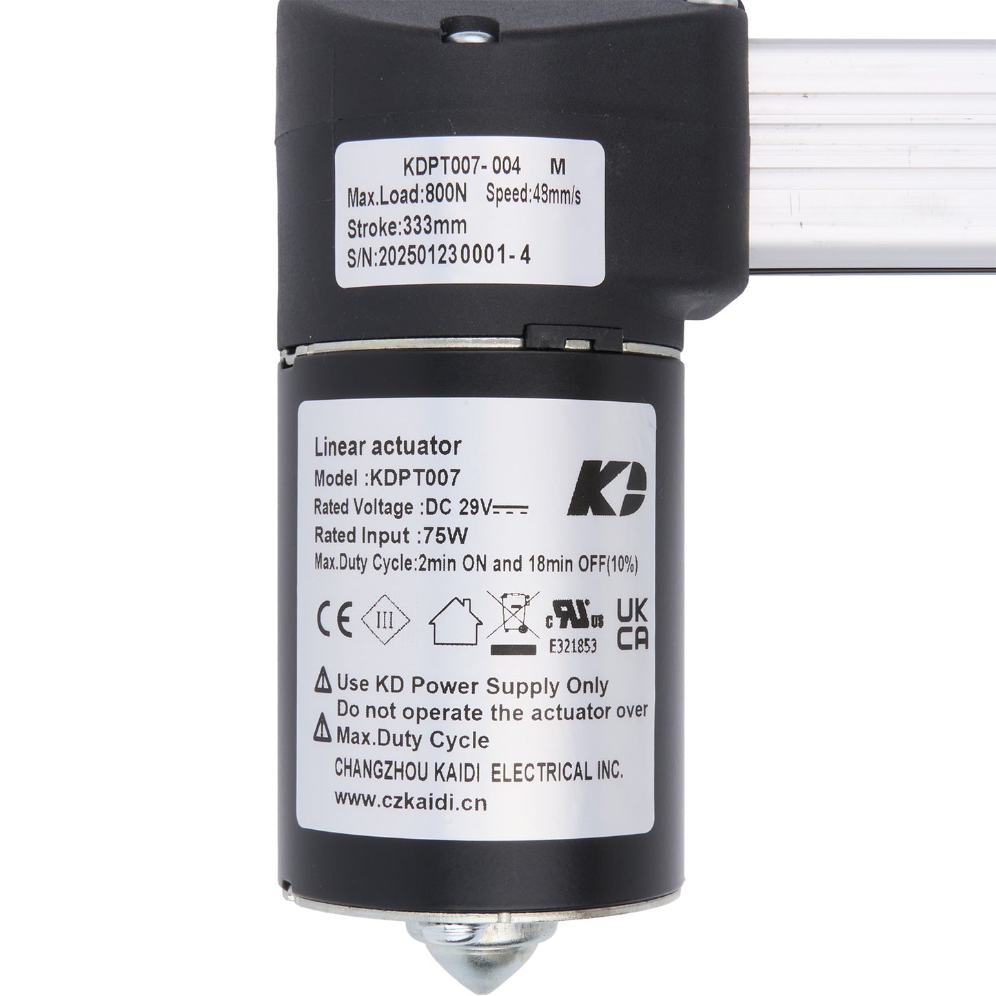 Linear actuator with specifications label on a white background