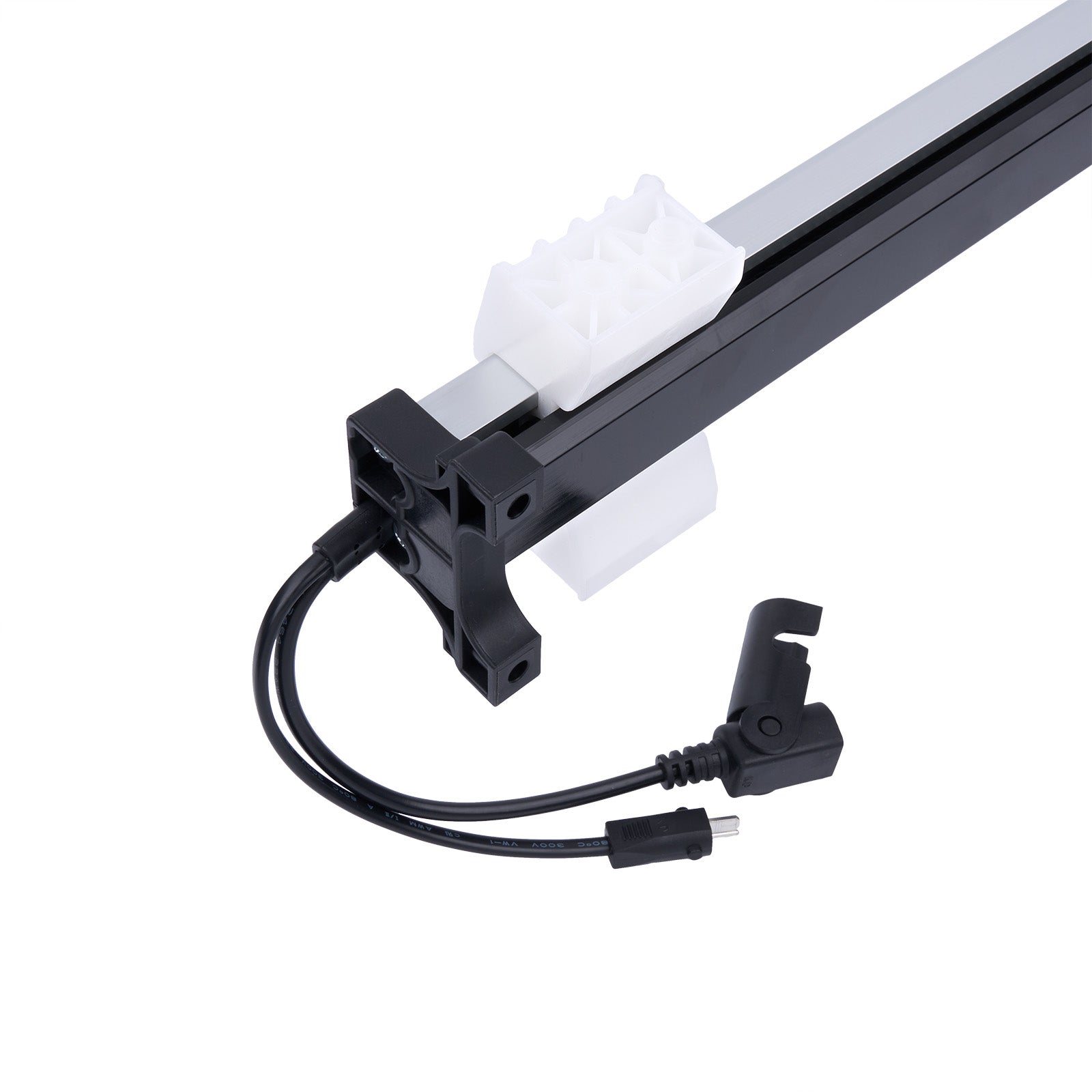 Light fixture with black housing and white diffuser on a white background