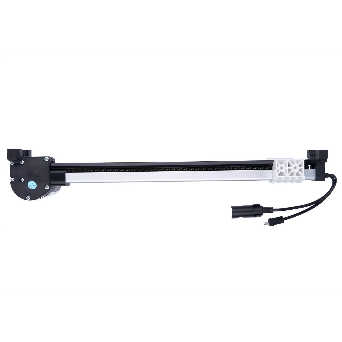 Long rectangular device with black and white components on a white background