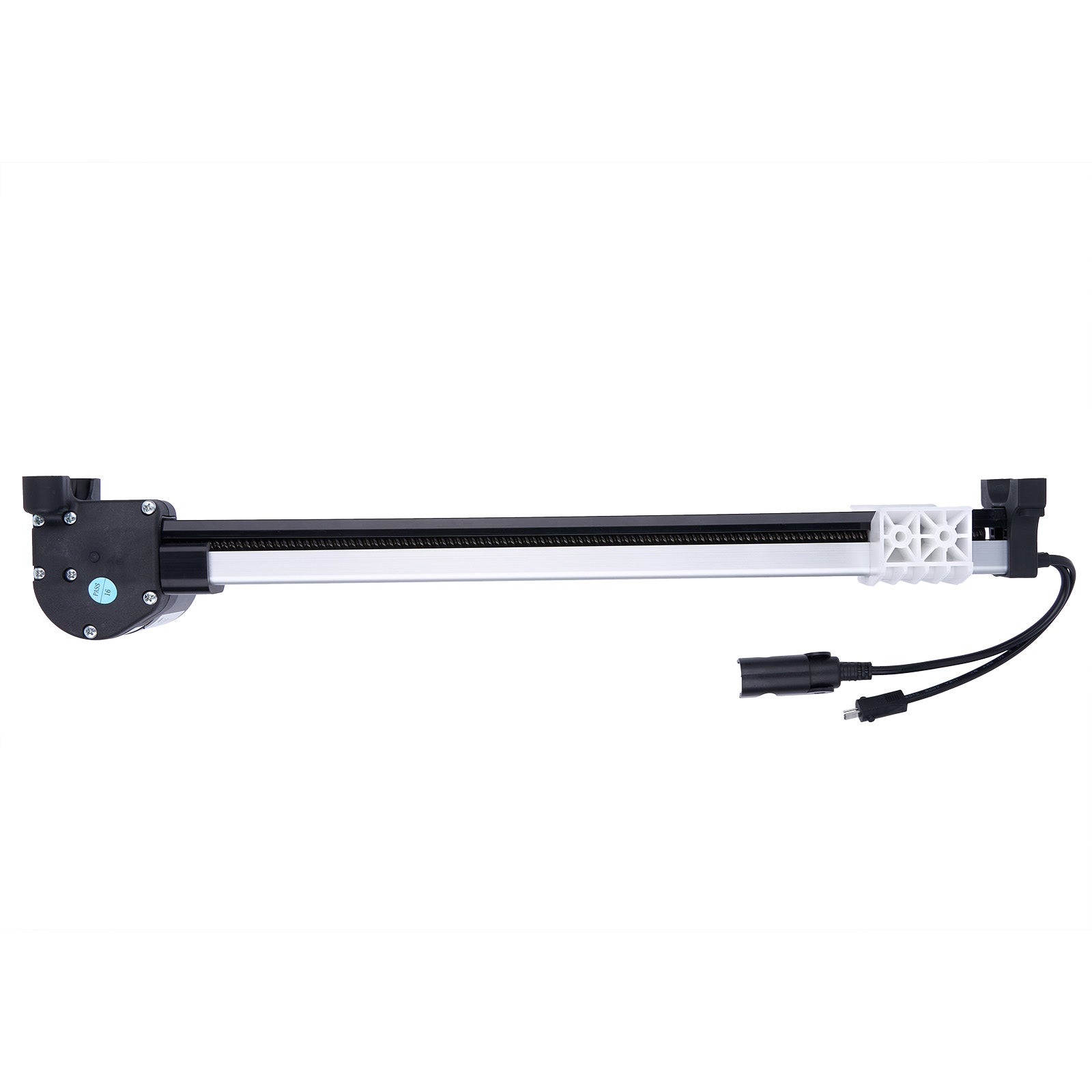 Long rectangular device with black and white components on a white background