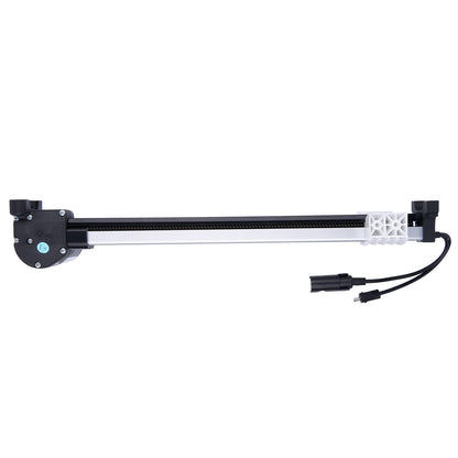 Long rectangular device with black and white components on a white background