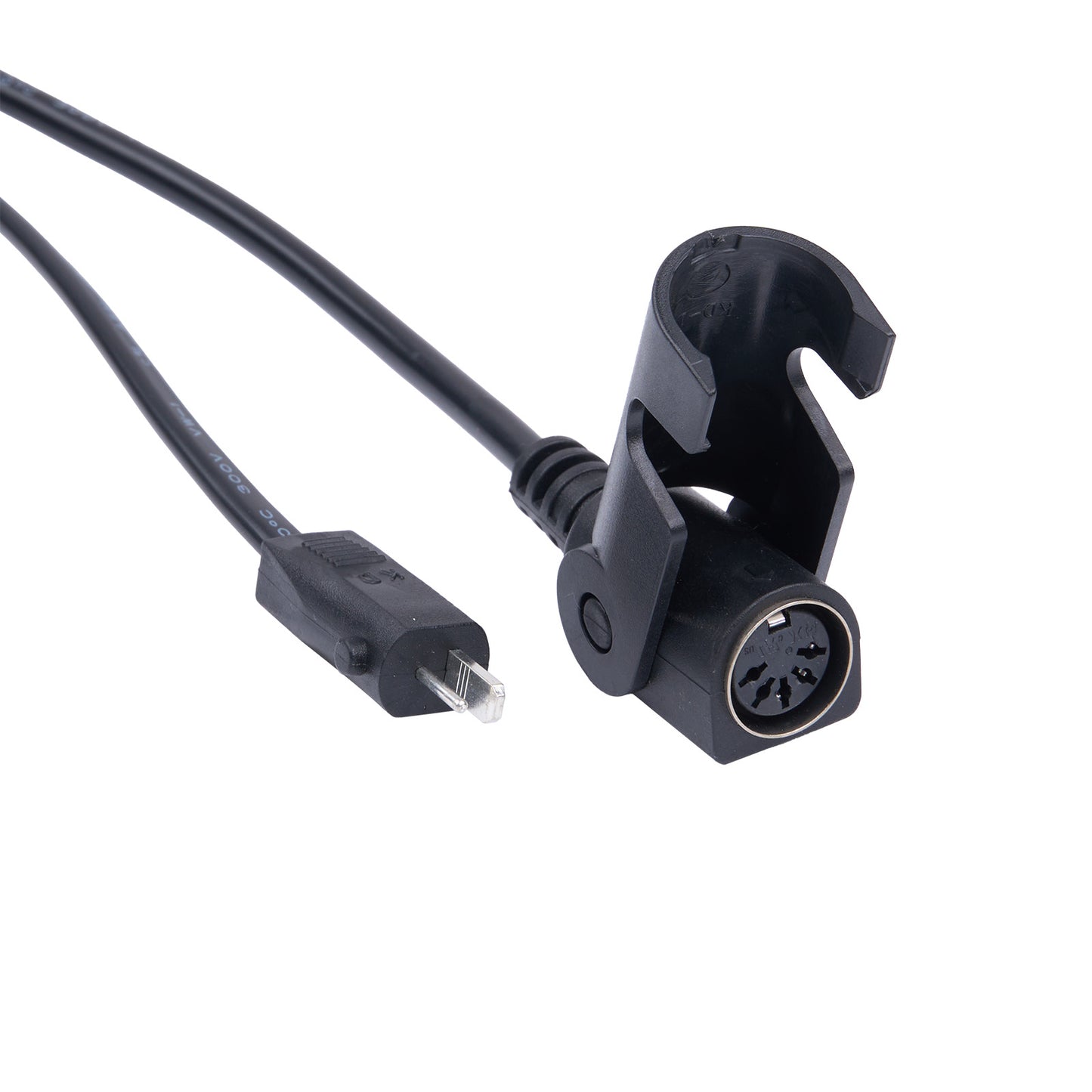 Black audio cable with microphone and plug on a white background