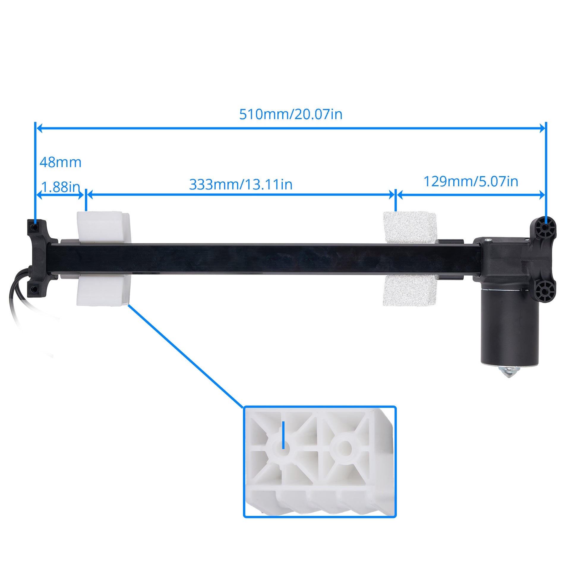 Black linear motion guide rail with a black motor mount and white plastic end blocks, shown with blue dimension lines and a zoomed-in inset of the white guide texture on a white background.