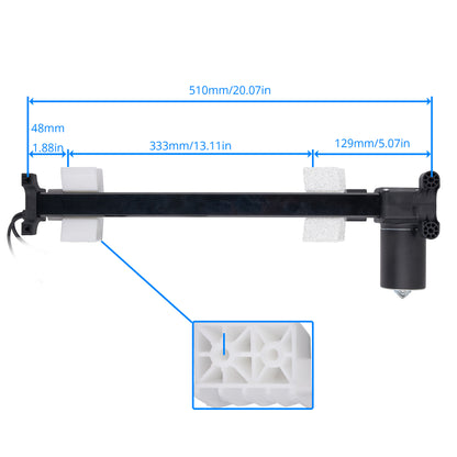 Black linear motion guide rail with a black motor mount and white plastic end blocks, shown with blue dimension lines and a zoomed-in inset of the white guide texture on a white background.