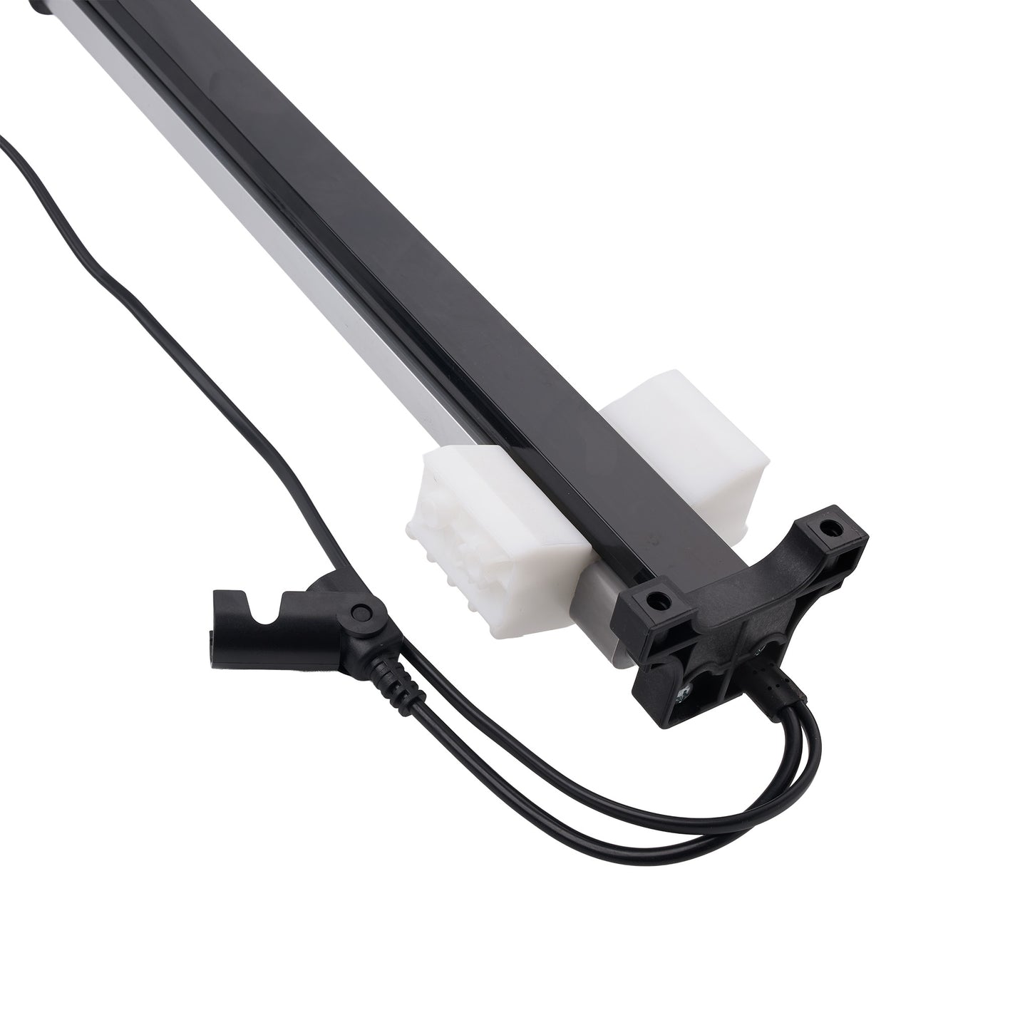 A black linear light bar with white diffuser panels and attached black power cables, shown on a plain white background.