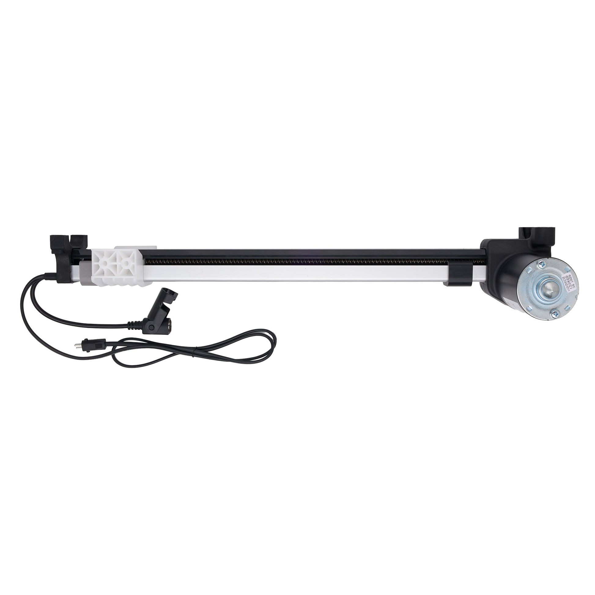 A linear rail guide assembly with a black frame, a silver metal rail, a black motor housing, and an attached black power cable, shown against a plain white background.