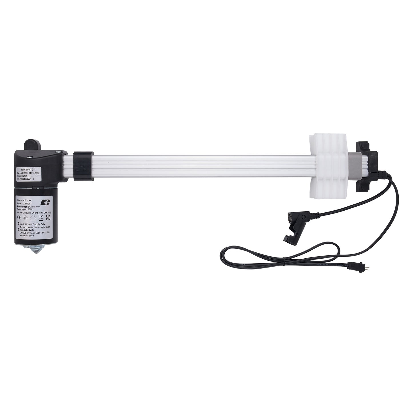A linear electric actuator with a black motor housing, a long white ribbed shaft, white plastic end collars, and a black power cable, shown against a plain white background.