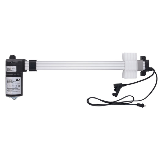 A linear electric actuator with a black motor housing, a long white ribbed shaft, white plastic end collars, and a black power cable, shown against a plain white background.