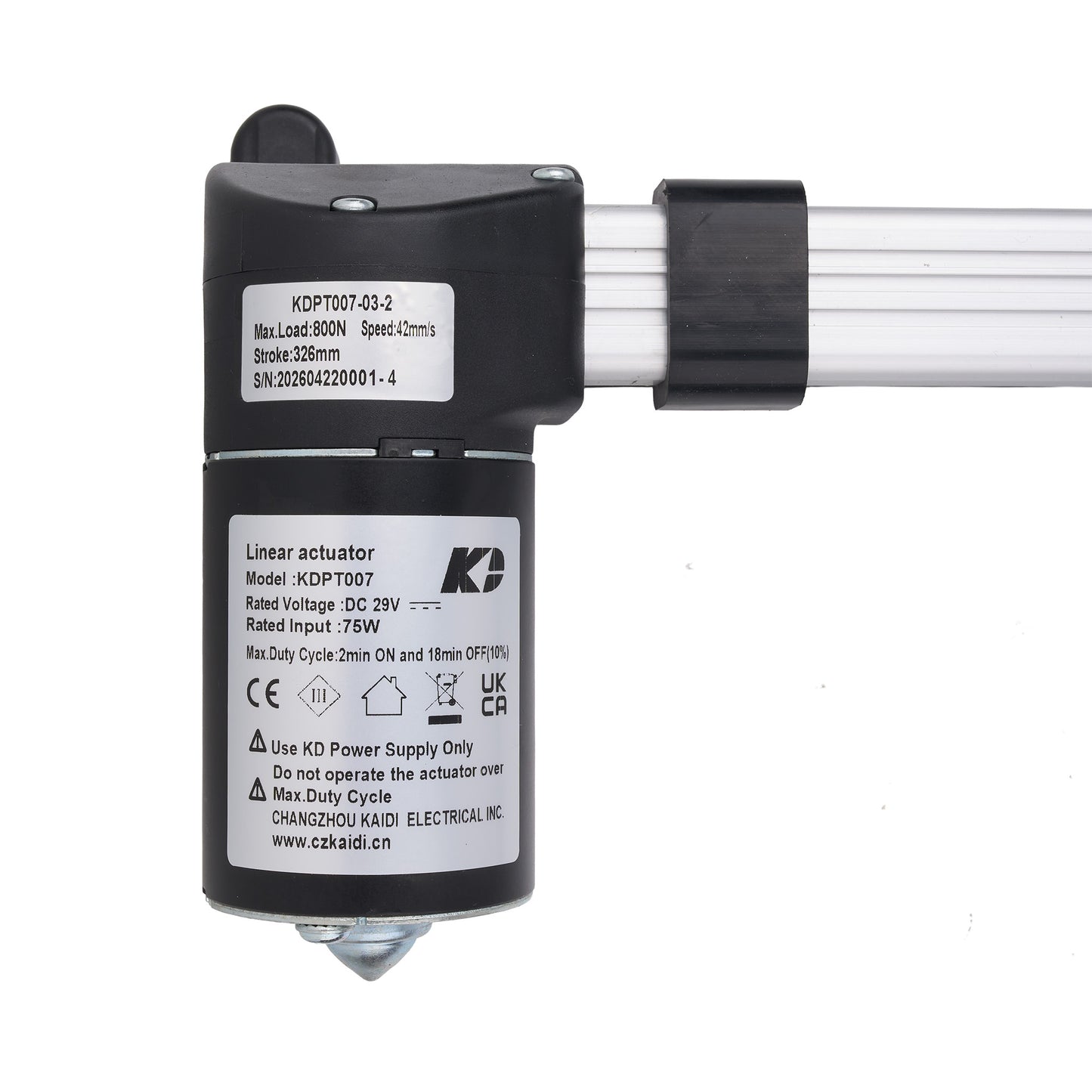 A black linear actuator motor with a clear plastic rod extending to the right, featuring white technical specification labels on its body.
