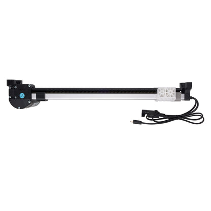 A linear rail guide assembly with a black end motor housing, a long silver metal rail, a white plastic end bracket, and a black power cable on a plain white background.
