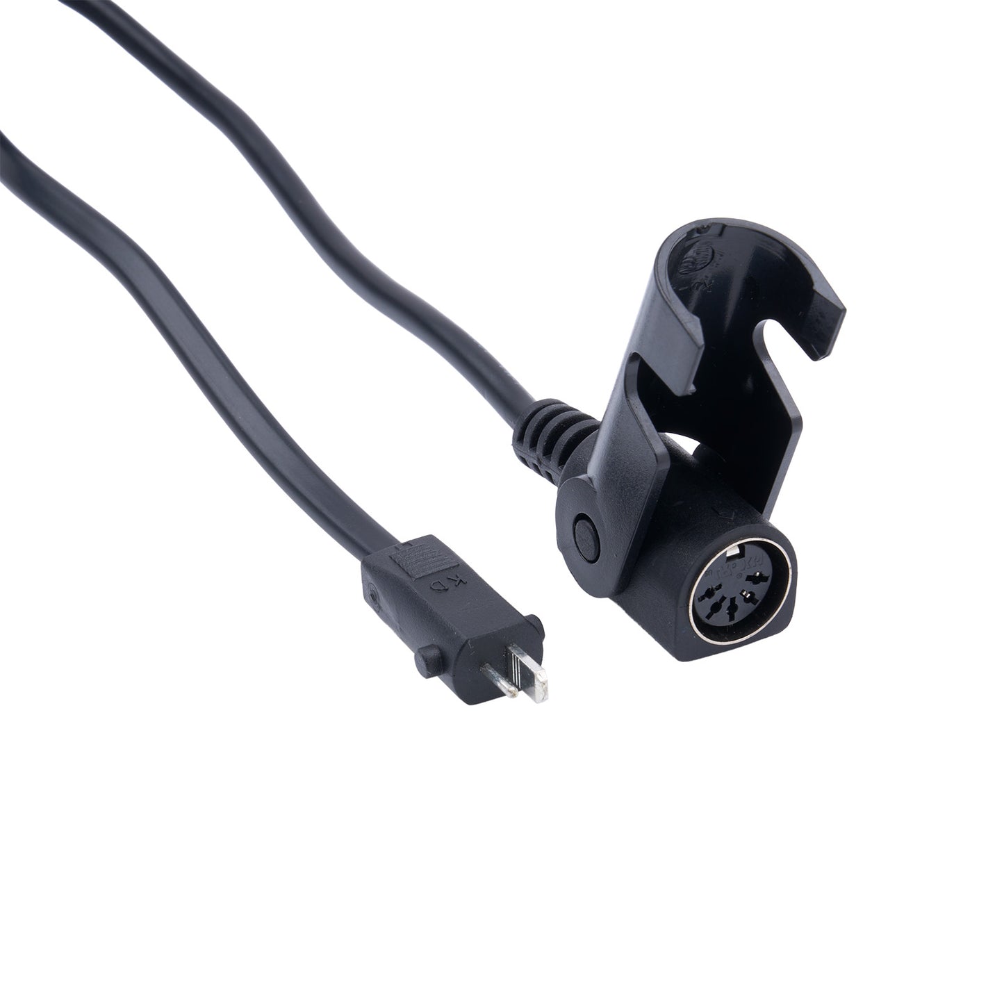 Black audio cable with plug and connector on a white background