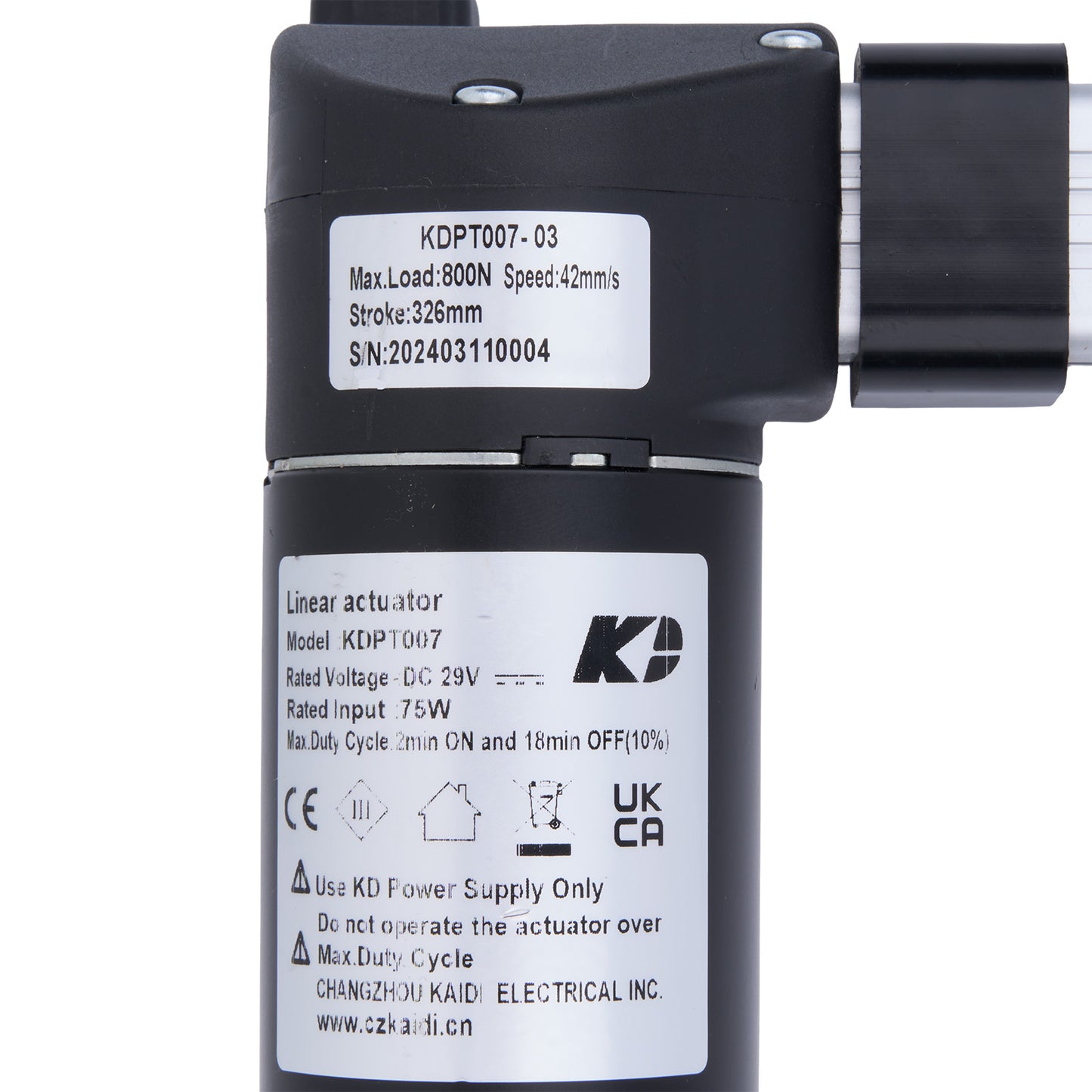 Linear actuator with KD branding and specifications on a white background